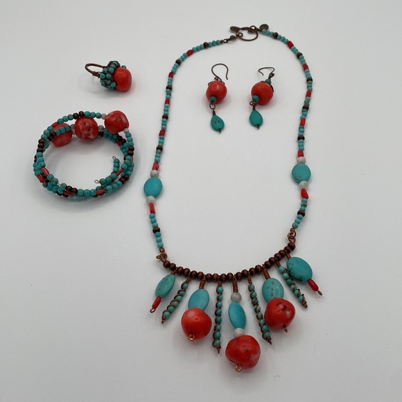 Handmade Boho Copper Beaded Jewelry Set Necklace Earrings Ring Bracelet - Picture 2 of 10